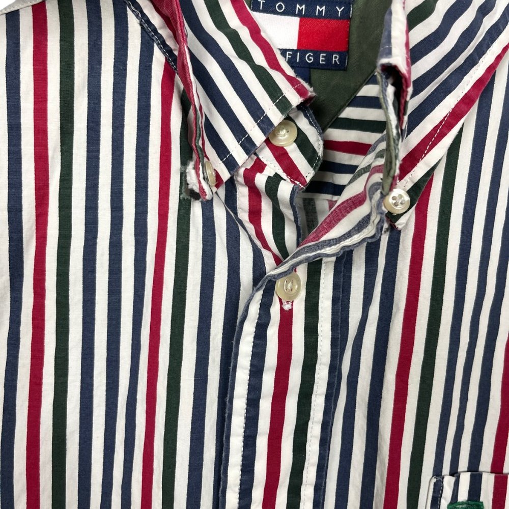Vintage Tommy Hilfiger Button Down Shirt Mens L Short Sleeve Crest Multi Stripe - Picture 8 of 8